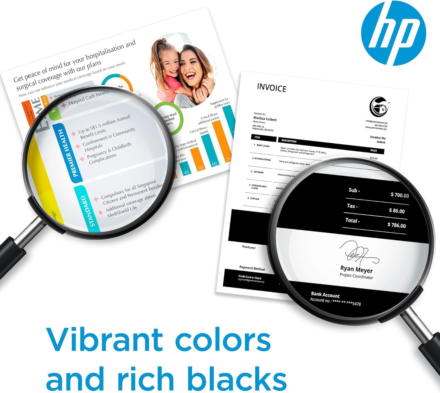 Highlights the HP printer's ability to produce high-quality prints with vibrant colors and rich blacks, reassuring shoppers of superior print quality for both documents and images.