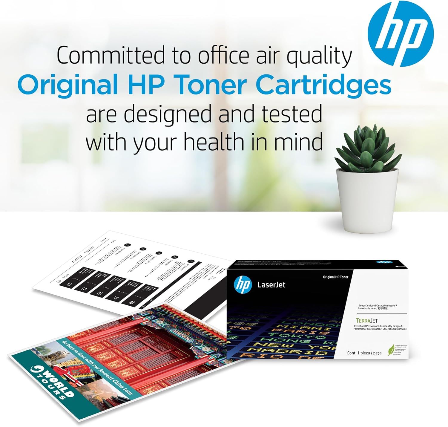 Communicates that HP Original Toner Cartridges are designed with health and environmental responsibility in mind, specifically highlighting their commitment to office air quality to reassure…