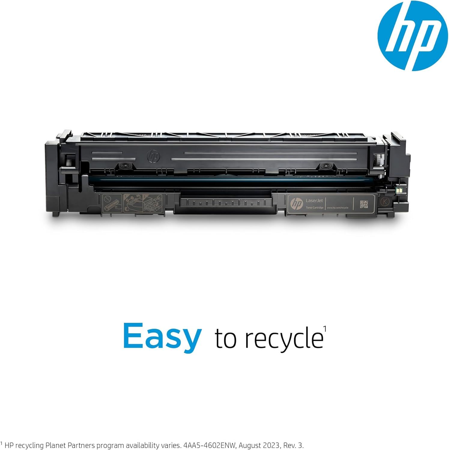 Communicates that the HP toner cartridge is environmentally responsible and easy to recycle, reassuring eco-conscious shoppers about the product's sustainability. Highlights the single benefit of…