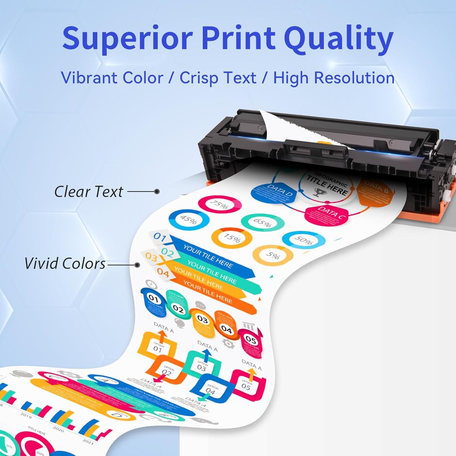 Demonstrates the printer cartridge's superior print quality by highlighting multiple benefits: clear text output, vivid color reproduction, and high resolution printing capabilities.
