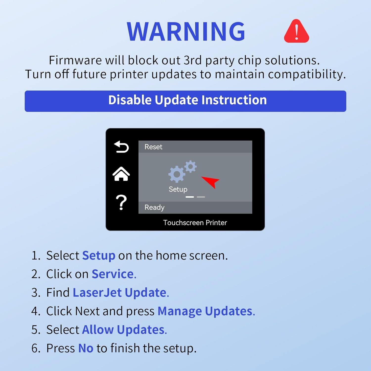 Provides step-by-step instructions to disable automatic printer firmware updates to maintain compatibility with third-party ink cartridges.