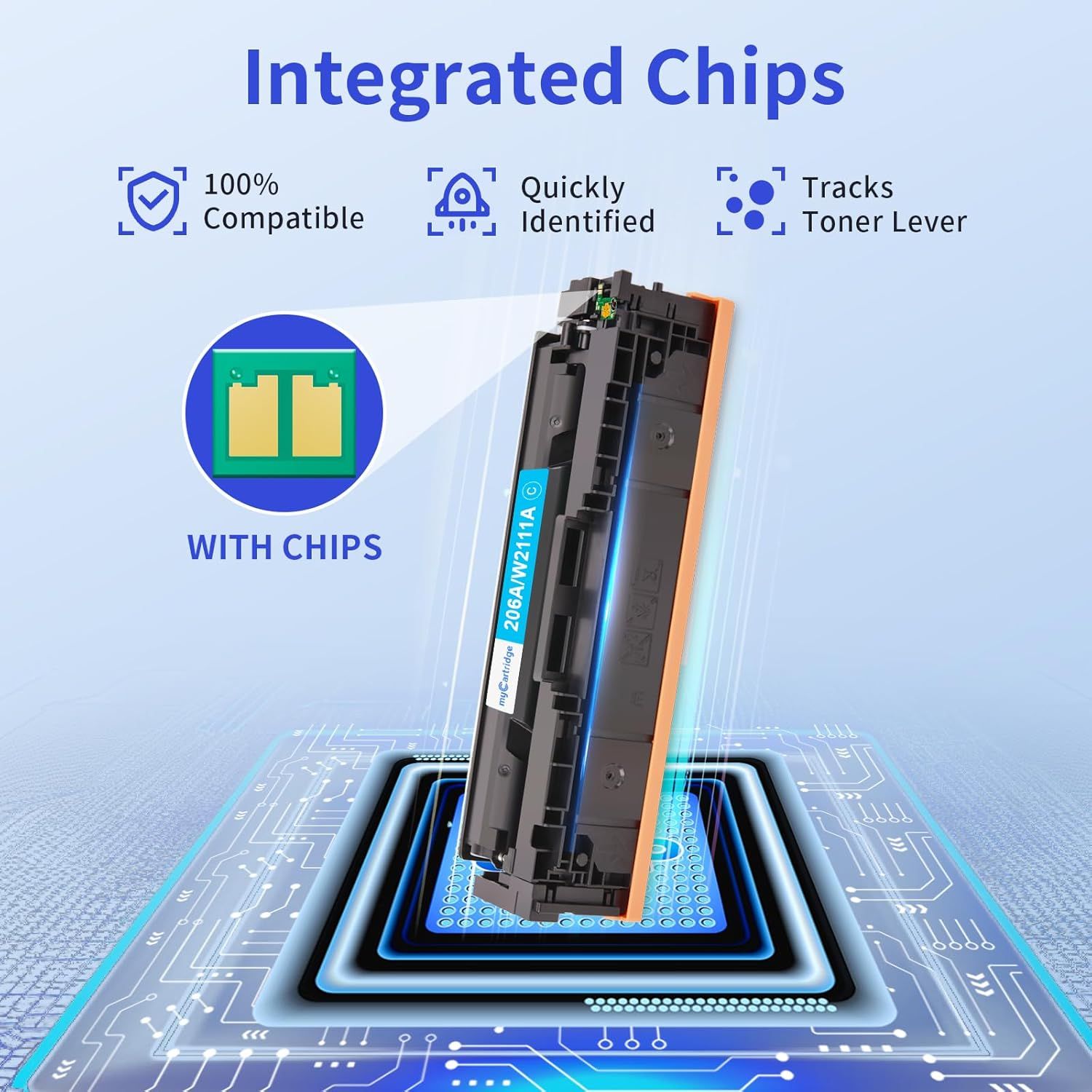 Communicates multiple benefits of the integrated chip technology in the toner cartridge, reassuring shoppers about compatibility, ease of identification, and toner level monitoring.