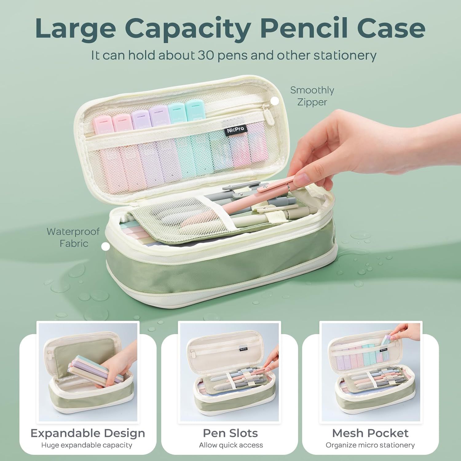Showcases multiple distinct benefits of the pencil case including its large capacity, smooth zipper, waterproof fabric, expandable design, organized pen slots, and mesh pocket to demonstrate…