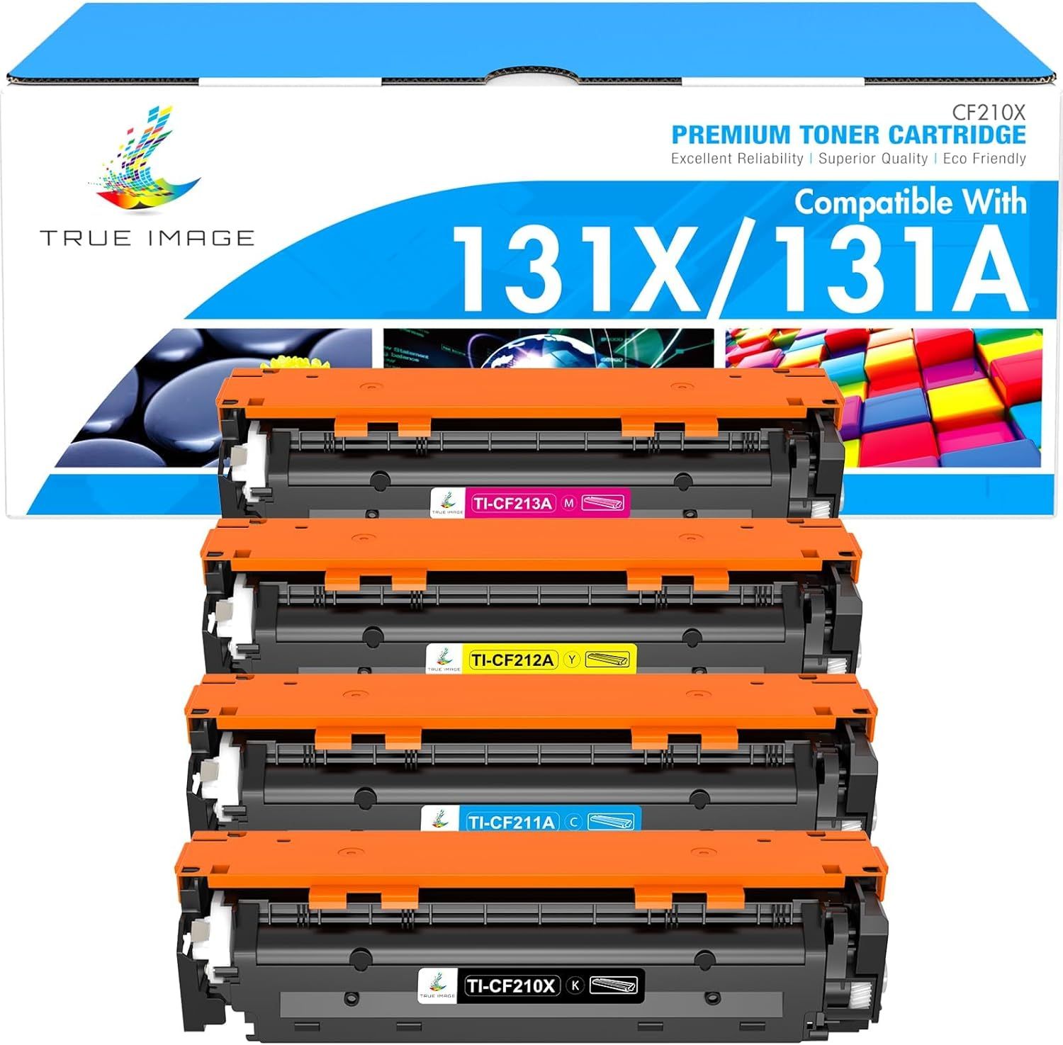Shows the shopper that this toner cartridge set is compatible with specific HP printer models (131X/131A), helping them confirm product fit before purchase. Displays all four toner cartridges…