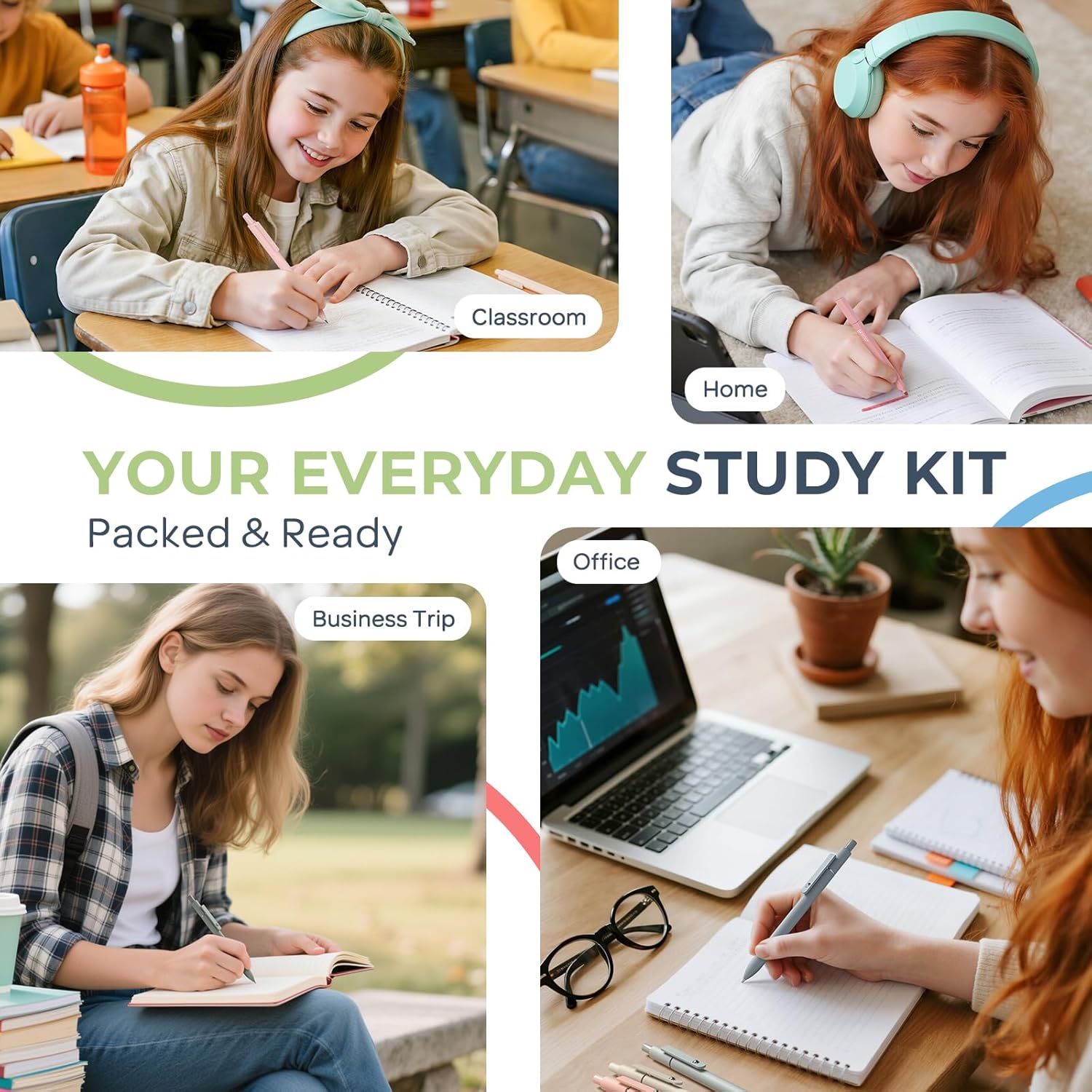 Demonstrates the versatility of the product by showing it can be used effectively across multiple environments and scenarios—classroom, home study, office work, and business travel.
