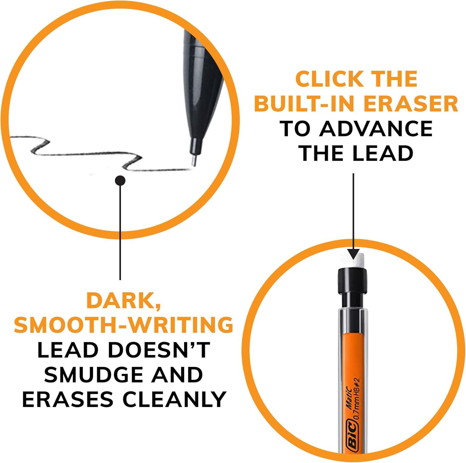 Highlights the physical components and features of the mechanical pencil, showing the built-in eraser mechanism and the quality of the lead to communicate ease of use and clean writing performance.…