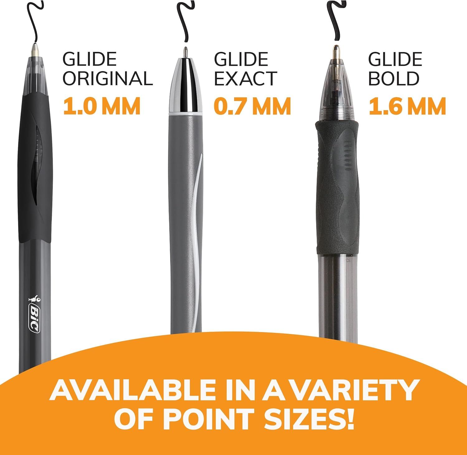 Shows the brand's product lineup of three different pen point sizes (1.0mm, 0.7mm, 1.6mm) to help shoppers choose the right variant for their writing needs.