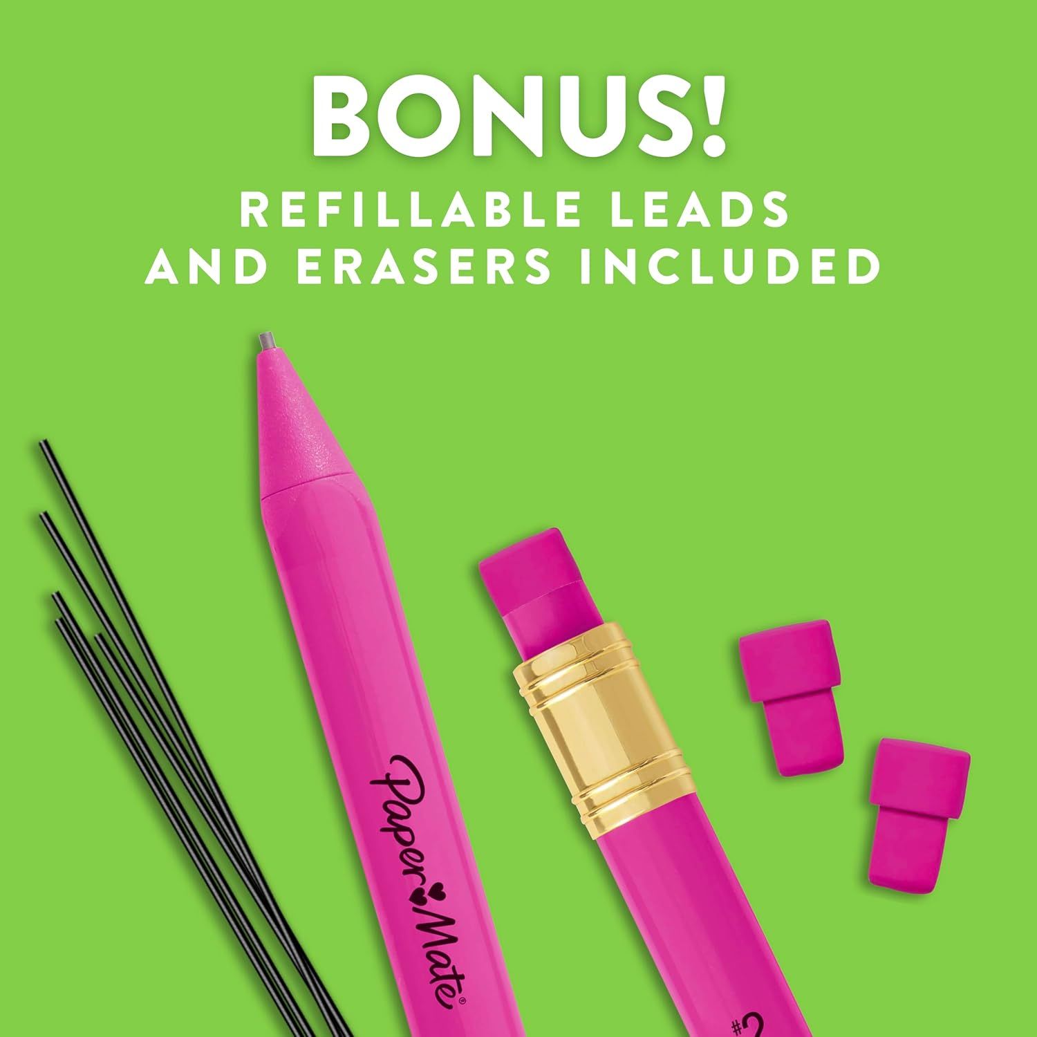 Communicates that the mechanical pencil comes with bonus accessories (refillable leads and erasers), adding value and reassuring shoppers they have everything needed to start using the product.