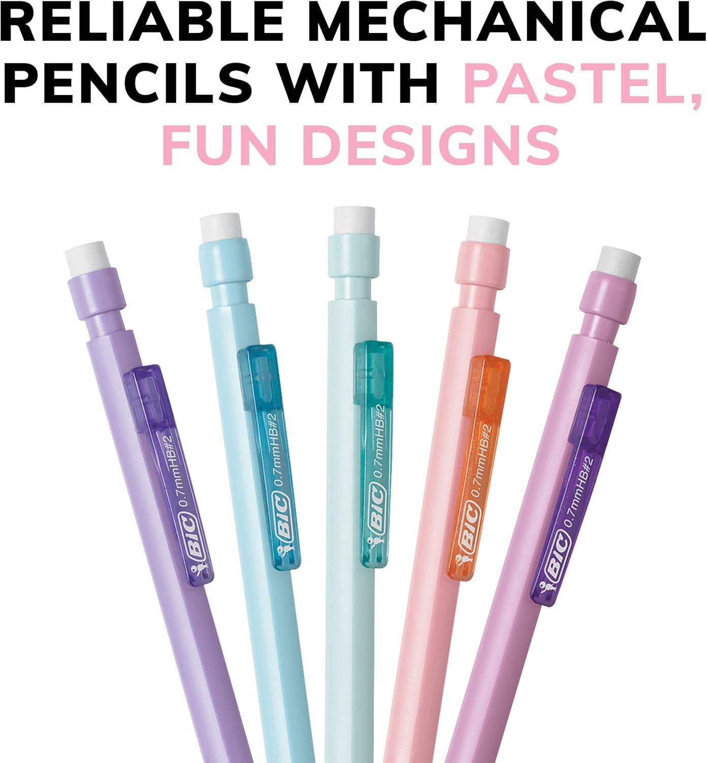 Highlights the aesthetic appeal of the mechanical pencils with pastel colors and fun designs to attract shoppers looking for stylish, visually appealing stationery.