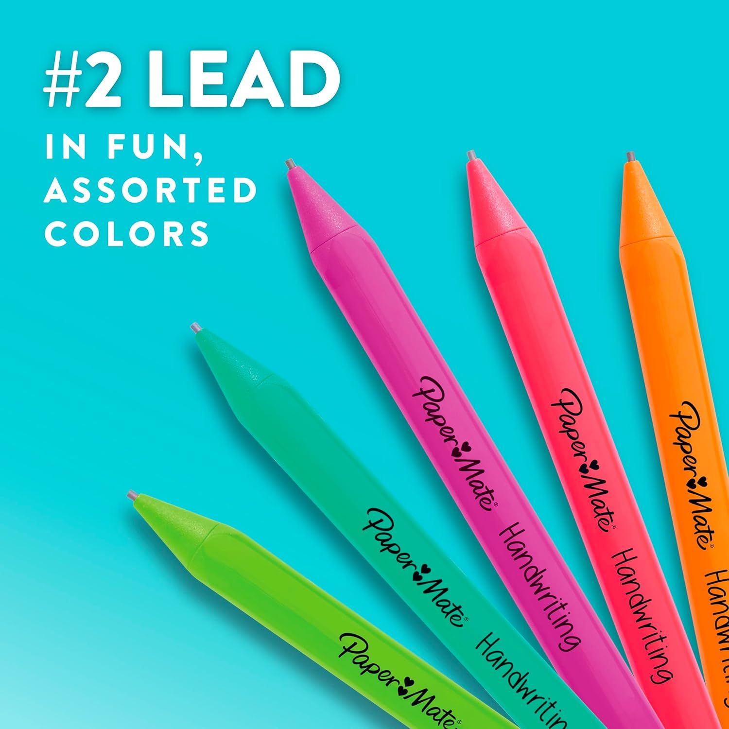 Highlights that the product features #2 lead and comes in fun, assorted colors to appeal to shoppers looking for functional and visually appealing writing tools.