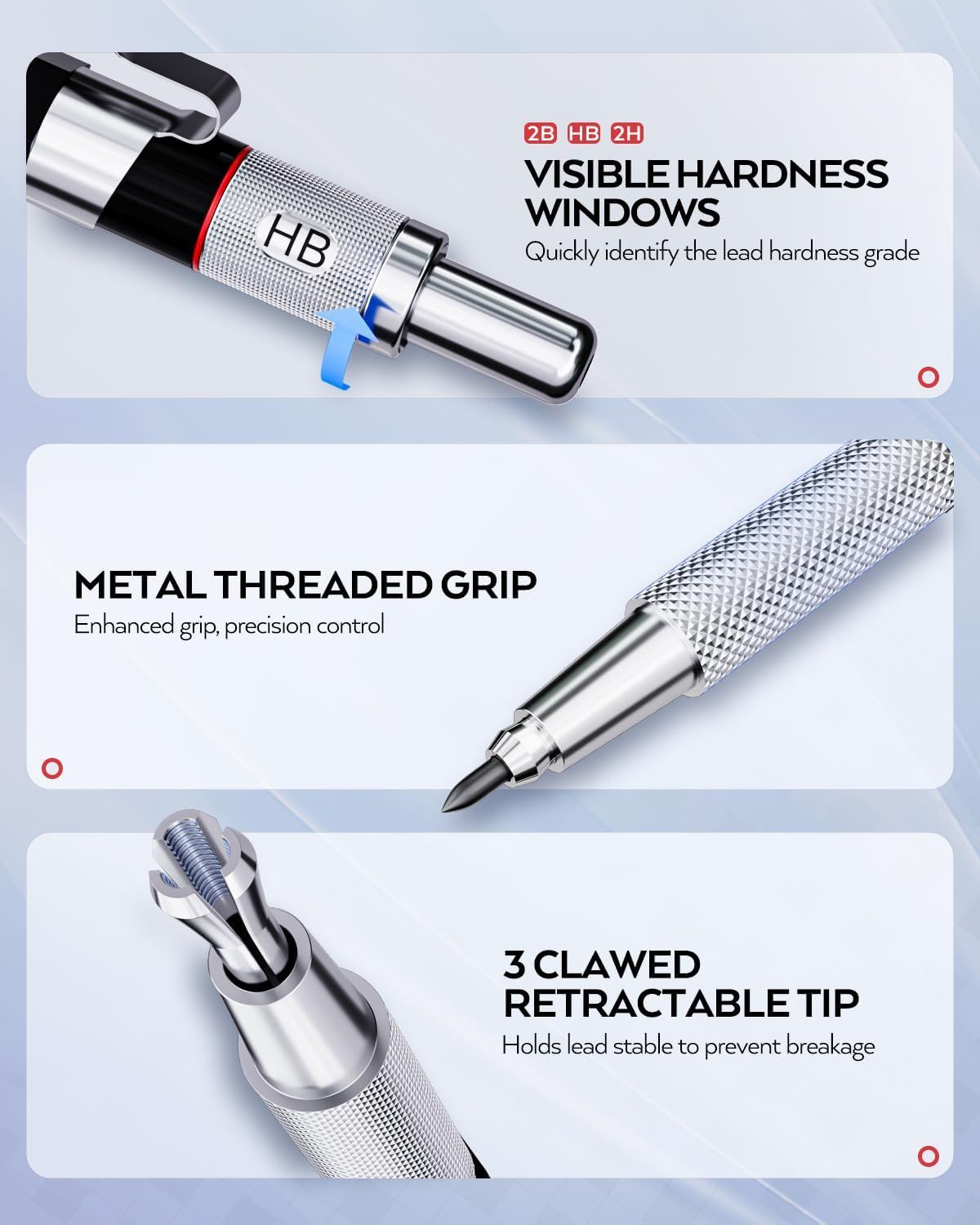 Showcases three distinct product features in a segmented layout to communicate the mechanical pencil's professional-grade design, precision control, and lead stability benefits.