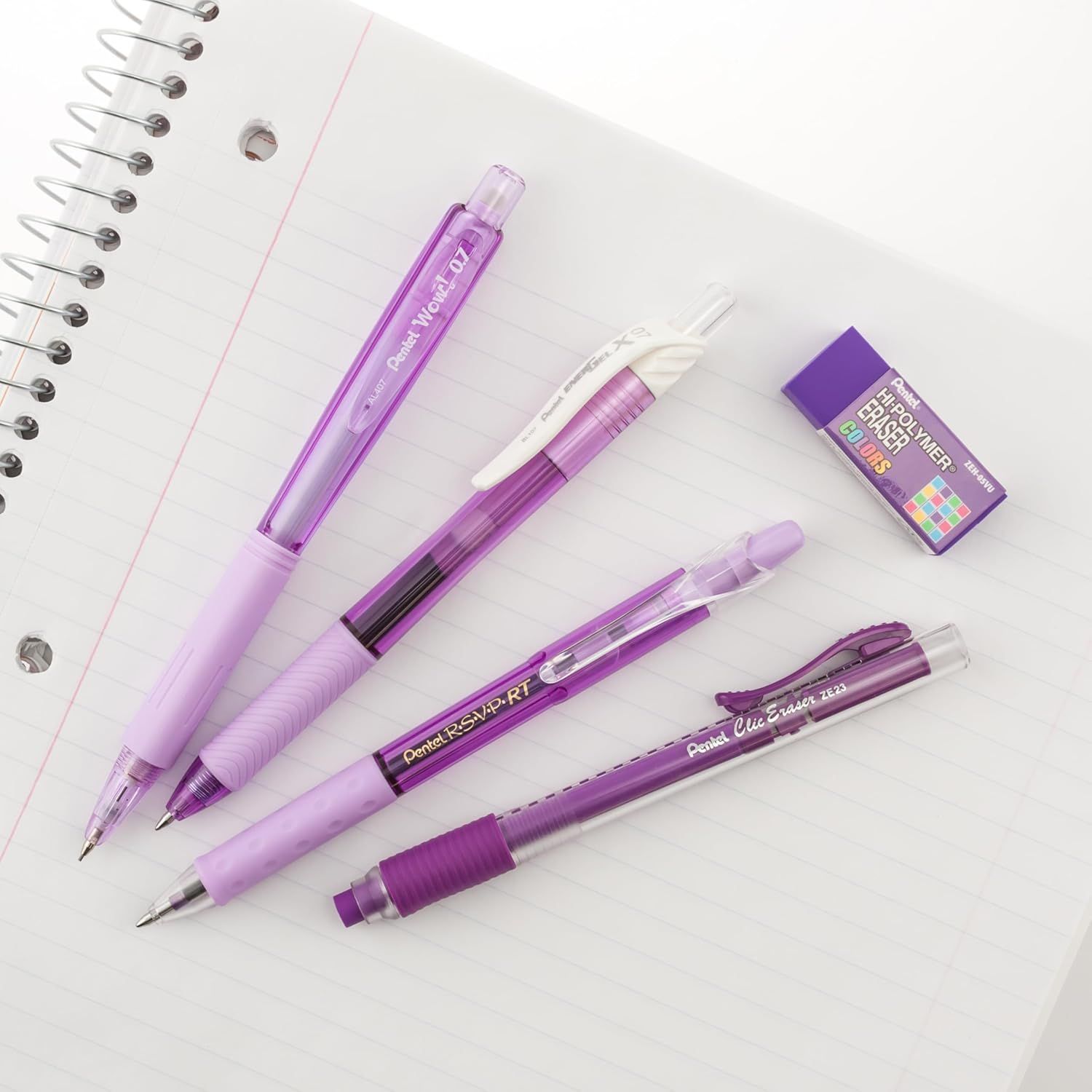 Shows the product collection in a clean, catalog-style presentation to give shoppers a clear view of what the purple writing instruments look like without distractions.