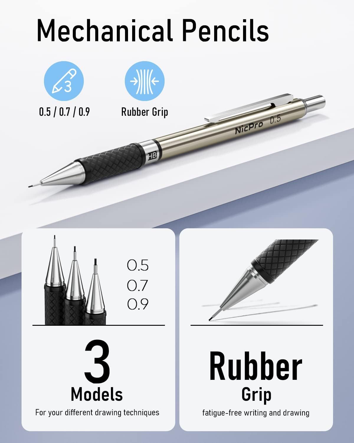 Communicates multiple key benefits of the mechanical pencils: availability in three different tip sizes for various drawing techniques, and a rubber grip for comfortable, fatigue-free writing and…