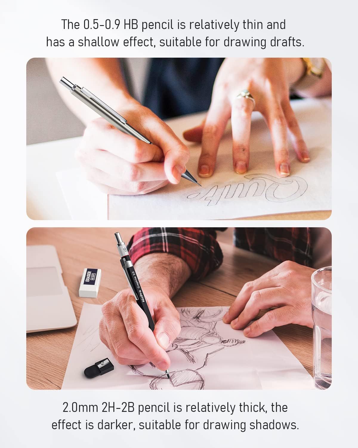 Demonstrates the visual and functional differences between two pencil types (0.5-0.9 HB vs 2.0mm 2H-2B) to help shoppers understand which pencil is better suited for their specific drawing…