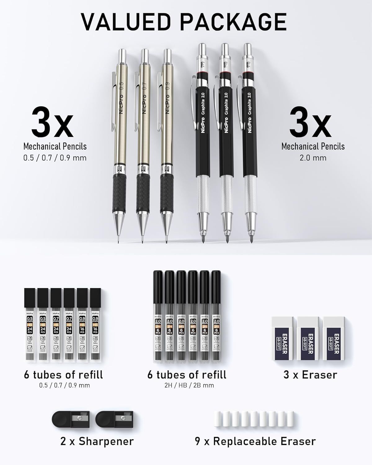 Shows the complete package contents to communicate value and reassure shoppers they are receiving a comprehensive set with 6 mechanical pencils, multiple refill tubes, erasers, sharpeners, and…