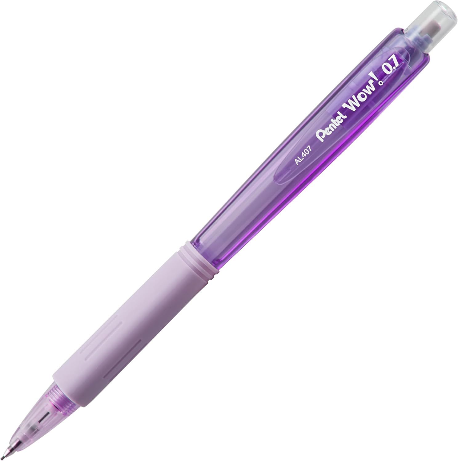 Provides a clear, unobstructed view of the Pentel Wow! .07 mechanical pencil in its purple color variant, allowing shoppers to see the product design and branding without distractions.