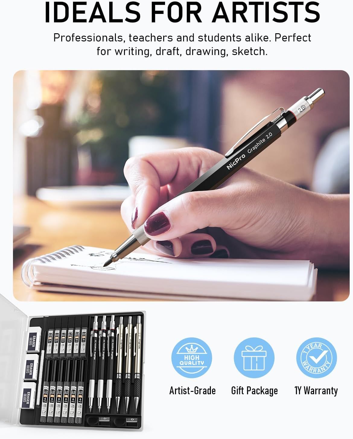 Demonstrates the product's versatility across multiple creative applications (writing, drafting, drawing, sketching) for different user types (professionals, teachers, students). Highlights multiple…