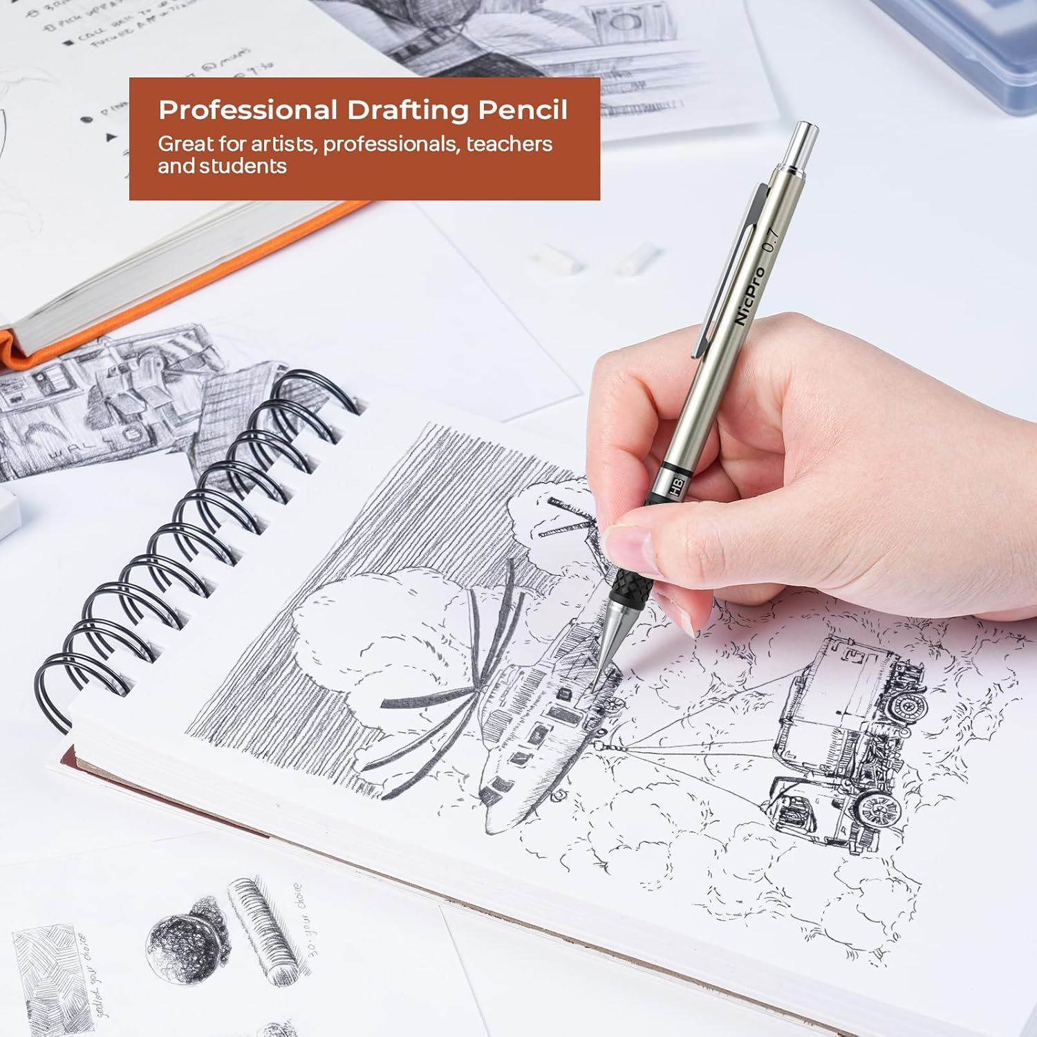 Demonstrates the versatility of the drafting pencil by highlighting multiple user groups and professional applications, reassuring shoppers that the product is suitable for various creative and…