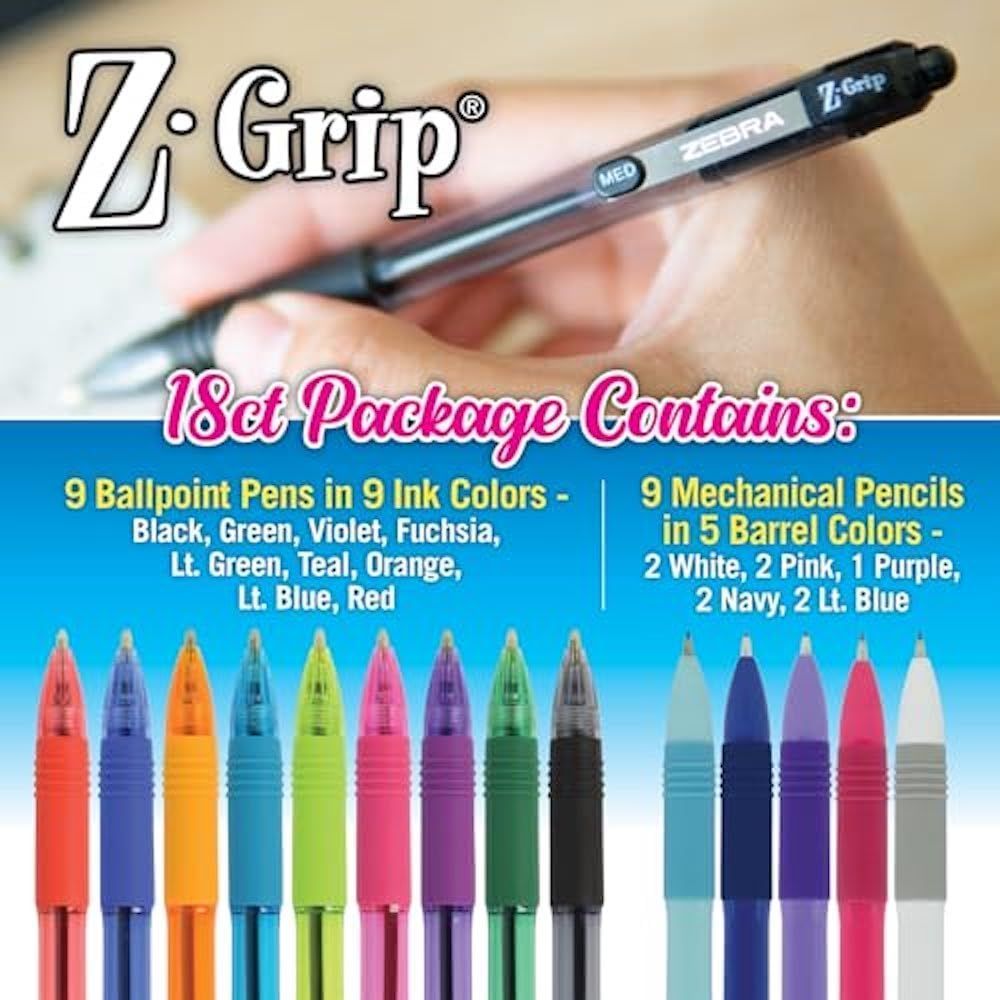 Shows the complete contents of the package to help shoppers understand exactly what they will receive—9 colorful ballpoint pens and 9 mechanical pencils in various colors.