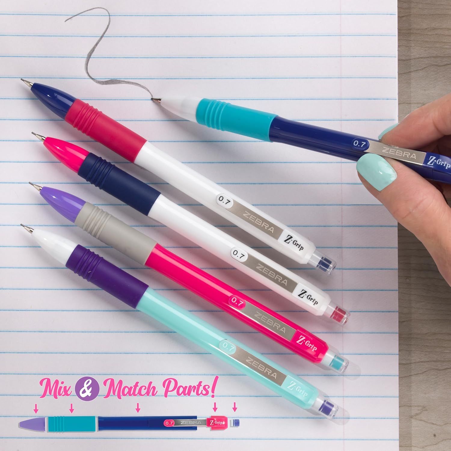 Showcases the brand's customizable pen lineup, demonstrating that shoppers can mix and match different colored parts to create their own personalized pen combinations.