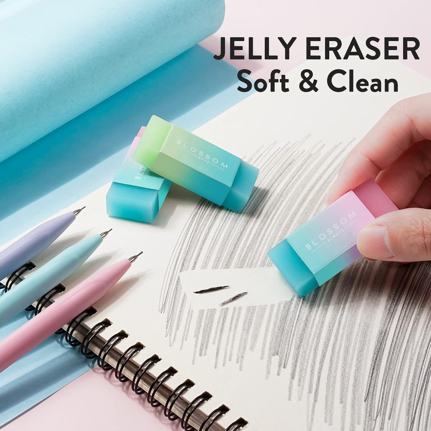 Communicates that the jelly eraser is soft and cleans effectively, reassuring shoppers of its gentle yet thorough erasing capability.