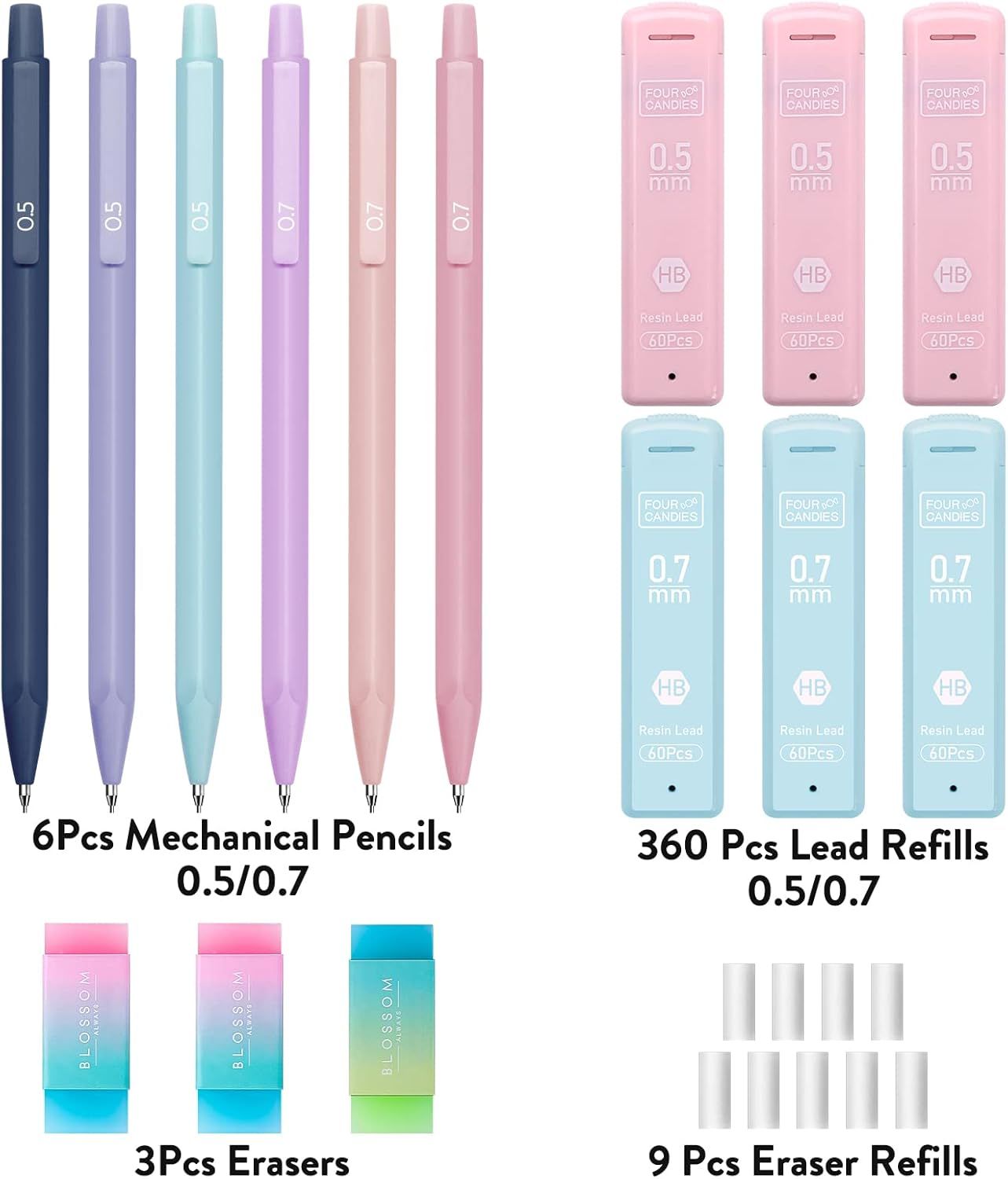 Shows the complete bundle contents to help shoppers understand everything included in the purchase: 6 mechanical pencils in multiple colors, 360 lead refills in two sizes, 3 erasers, and 9 eraser…