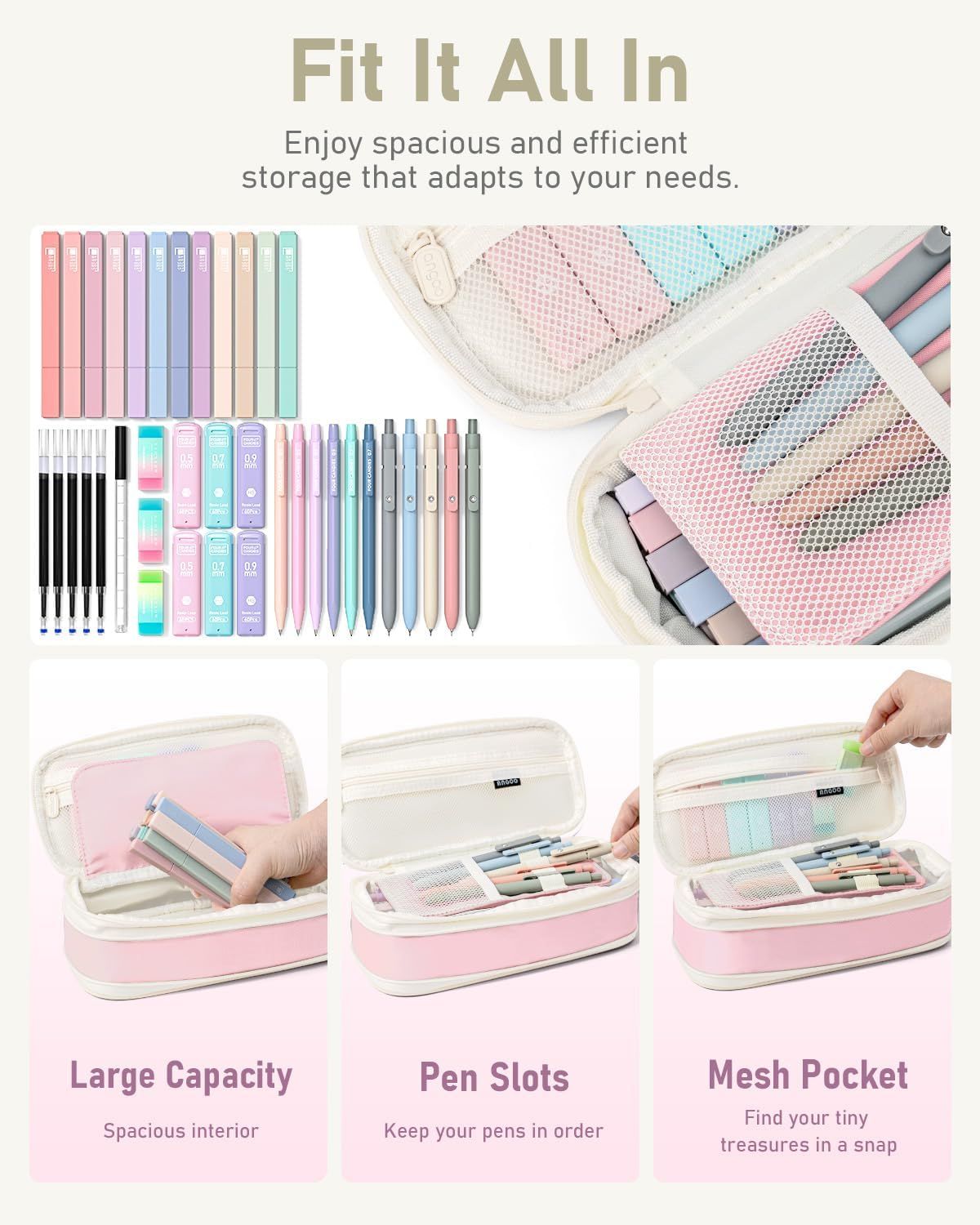 Communicates the pencil case's spacious and efficient storage design with multiple organizational features to help shoppers understand how it adapts to their needs.