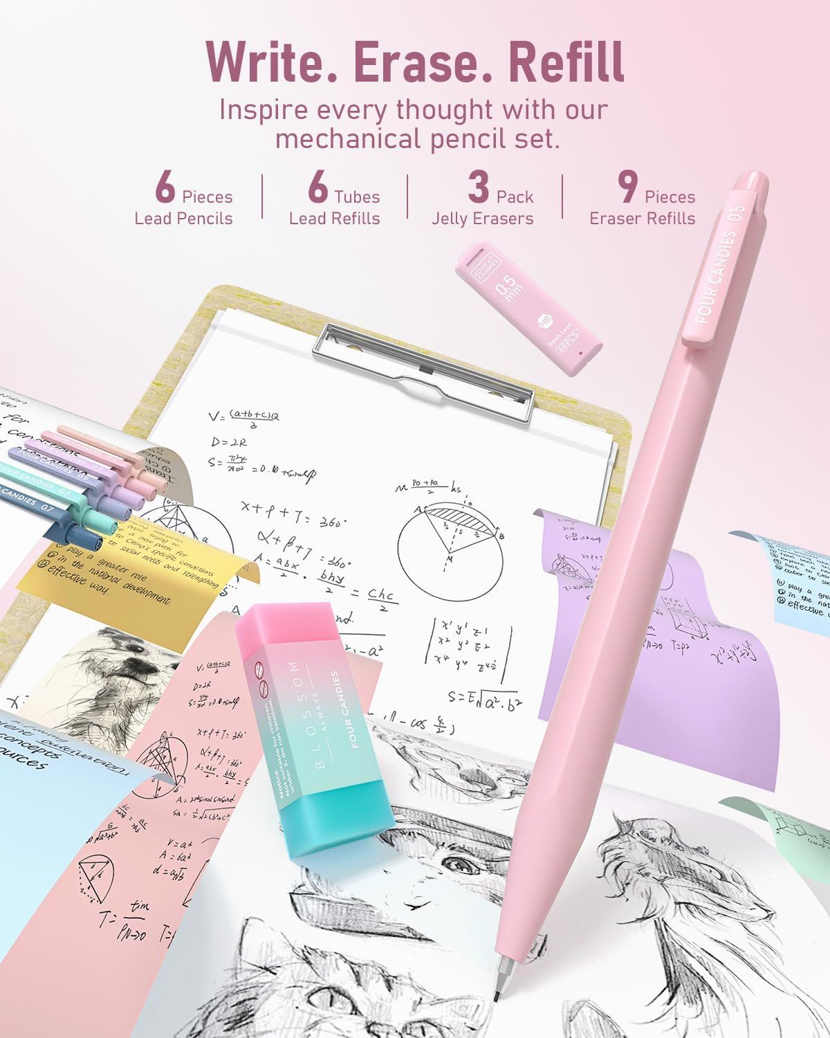 Shows everything included in the mechanical pencil set (6 lead pencils, 6 tubes of lead refills, 3 jelly erasers, 9 eraser refills) to help shoppers understand the complete value and contents of…
