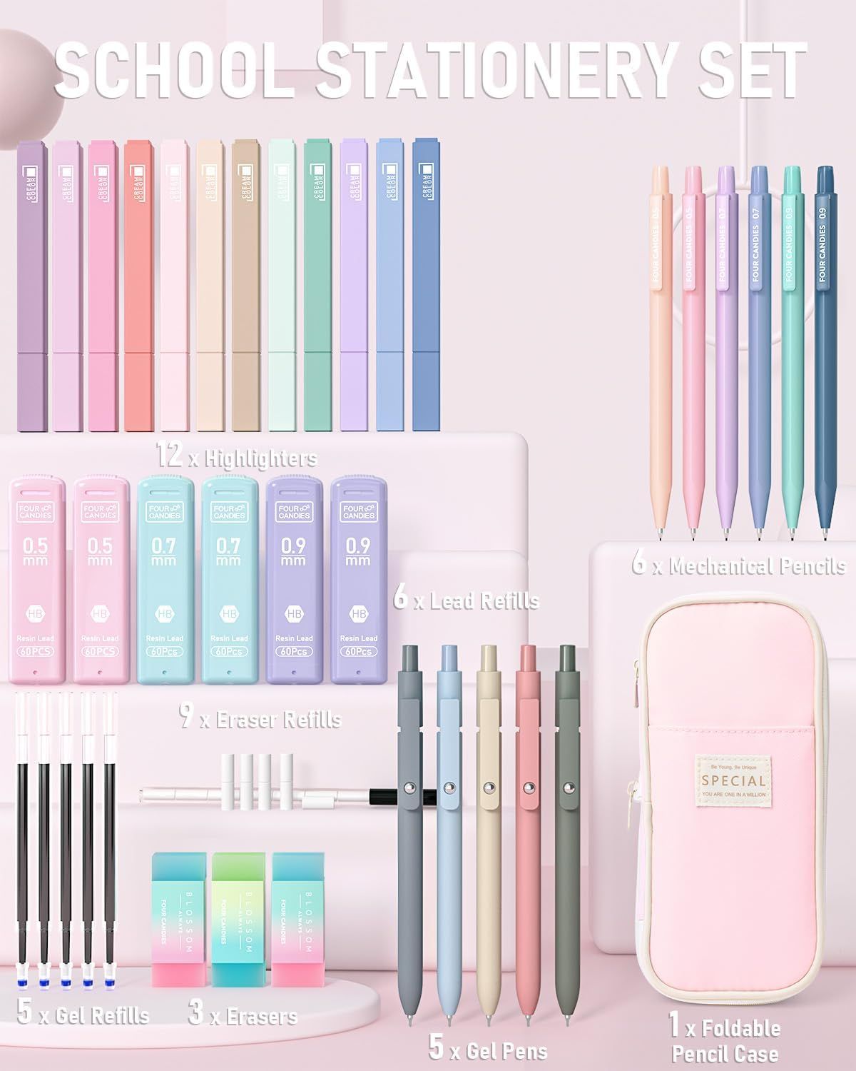 Shows the complete contents of the school stationery set, displaying all items included in the bundle (highlighters, mechanical pencils, lead refills, eraser refills, gel pens, gel refills, erasers,…
