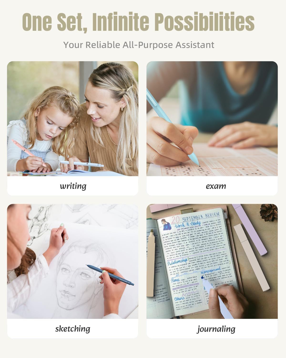 Demonstrates the versatility of the product by showing four distinct use scenarios, positioning it as an all-purpose assistant suitable for various writing and creative tasks.