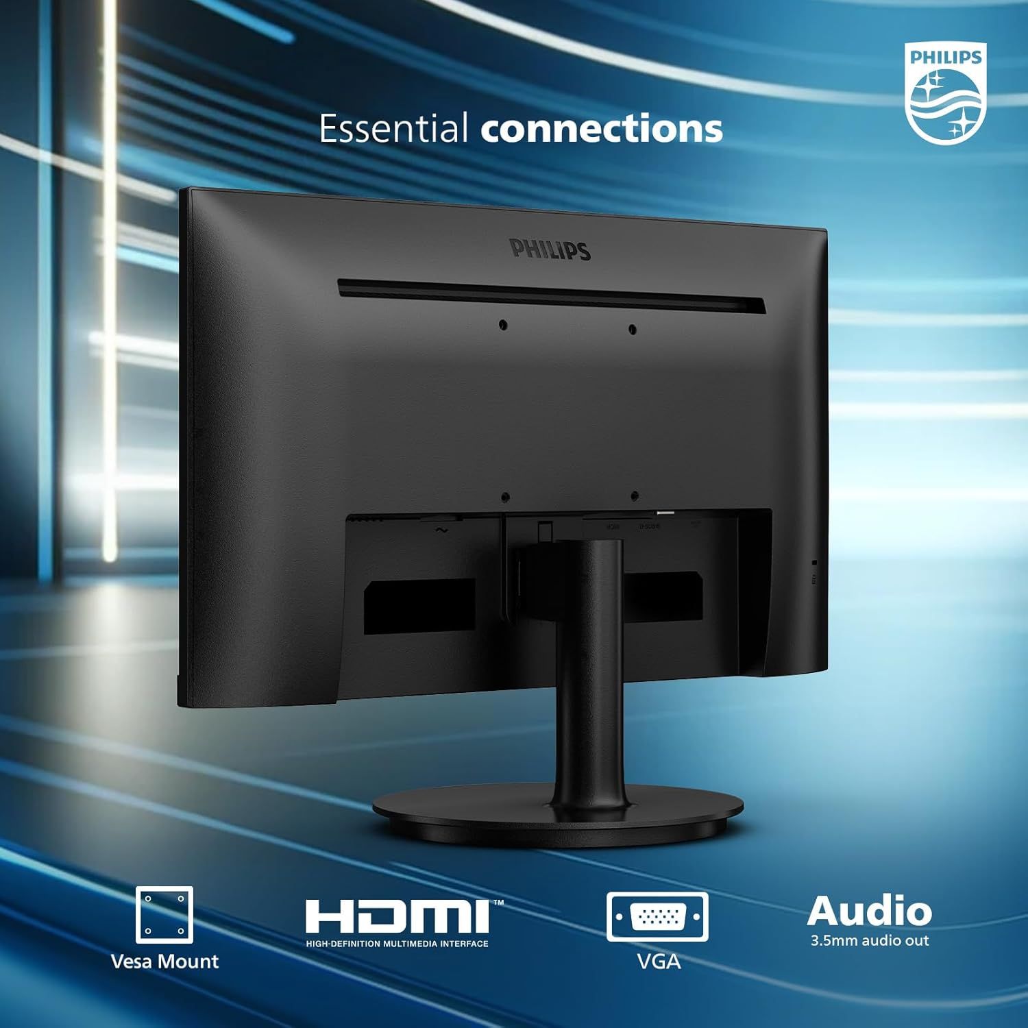 Communicates the monitor's essential connectivity options and mounting capability to reassure shoppers about compatibility and setup flexibility.