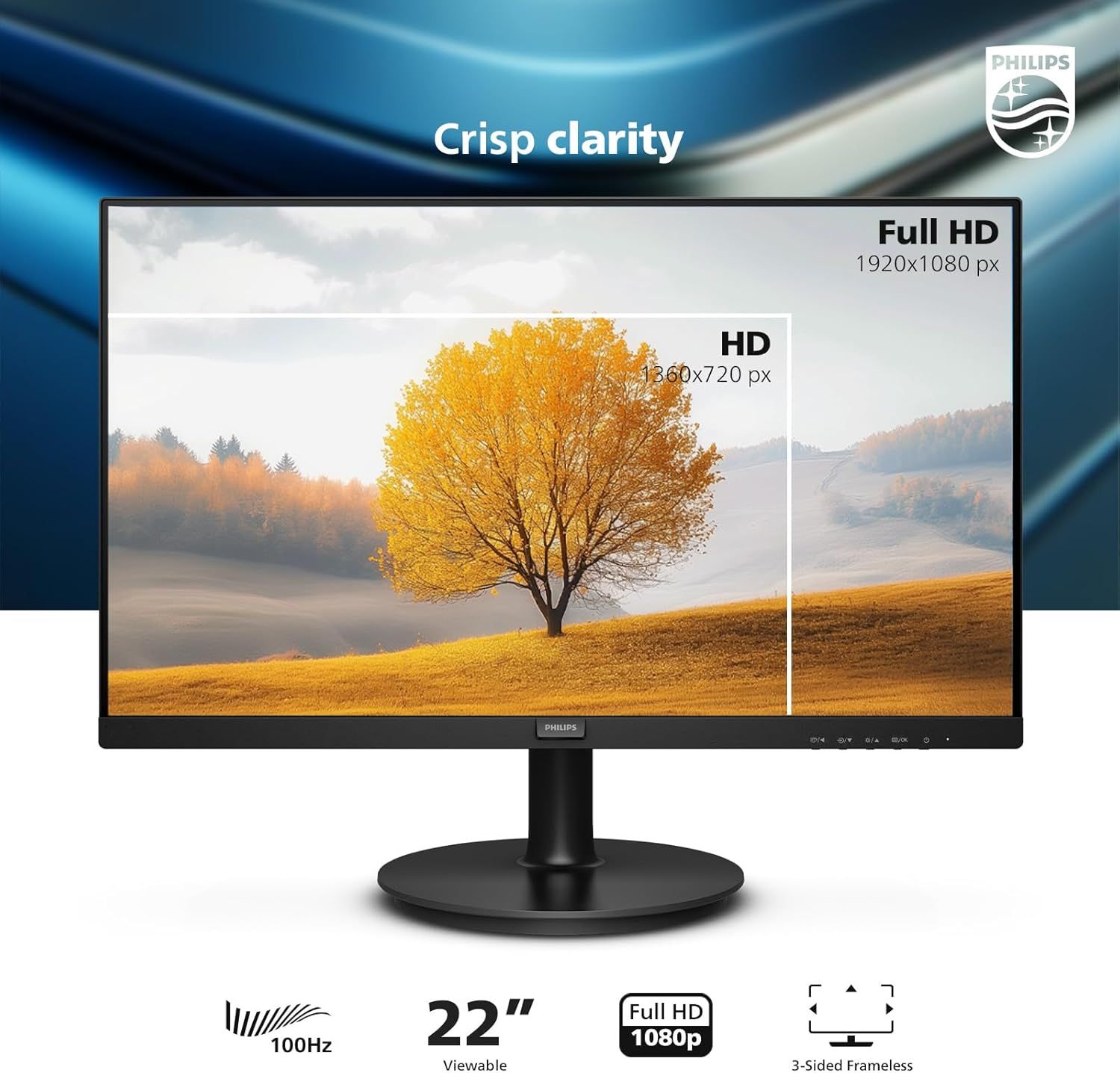 Communicates the monitor's key technical specifications—Full HD resolution, 100Hz refresh rate, and 22-inch viewable size—to help shoppers understand the display's performance and quality…
