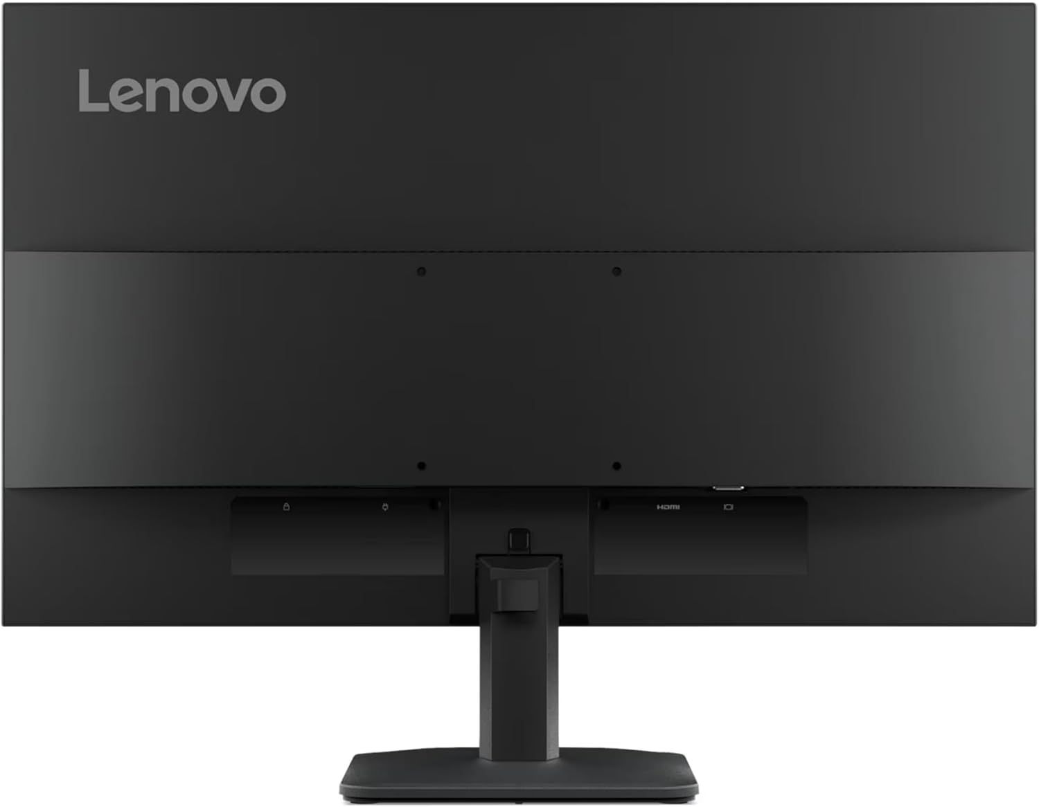 Provides a clean, catalog-style view of the Lenovo monitor from the rear, showing the product's physical design, ports, and stand without any distractions.