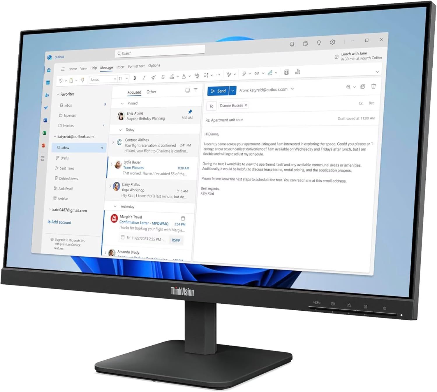 Provides a clear, distraction-free view of the ThinkVision monitor displaying Outlook email interface to help shoppers see the product's design, screen quality, and professional use case.