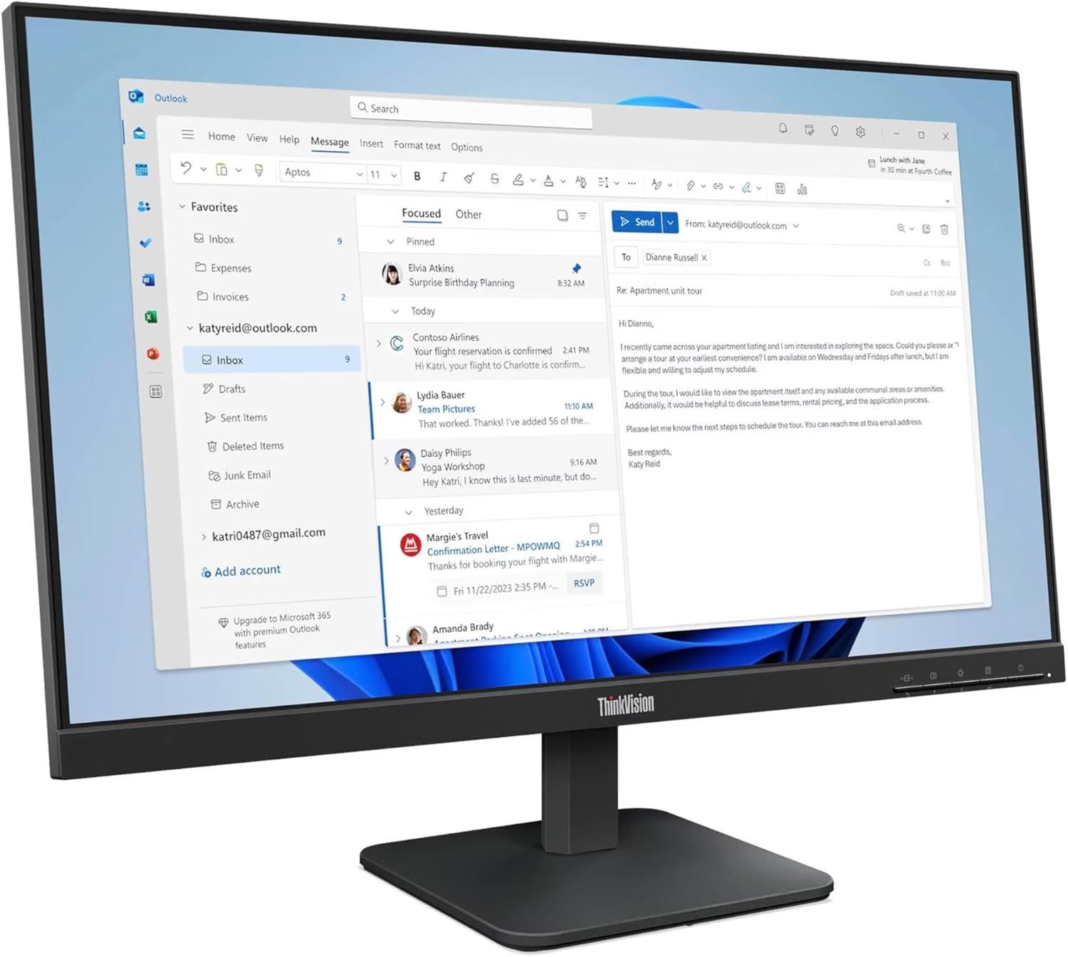 Demonstrates the monitor's compatibility and functionality with Microsoft Outlook and professional email applications, showing shoppers it's suitable for office work and productivity tasks.