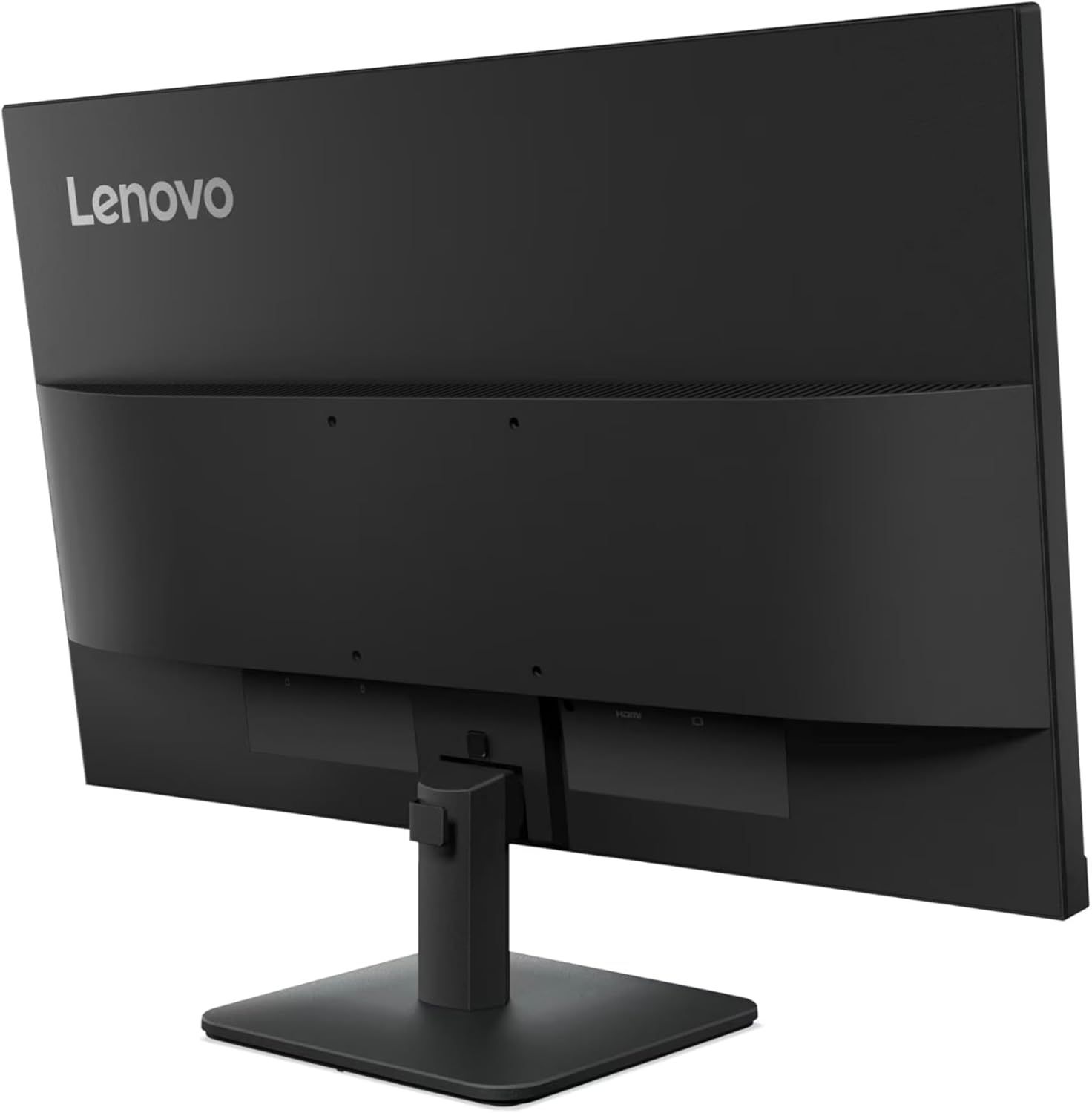 Provides a clean, catalog-style view of the Lenovo monitor from the rear angle, showing the product design and branding without distractions.