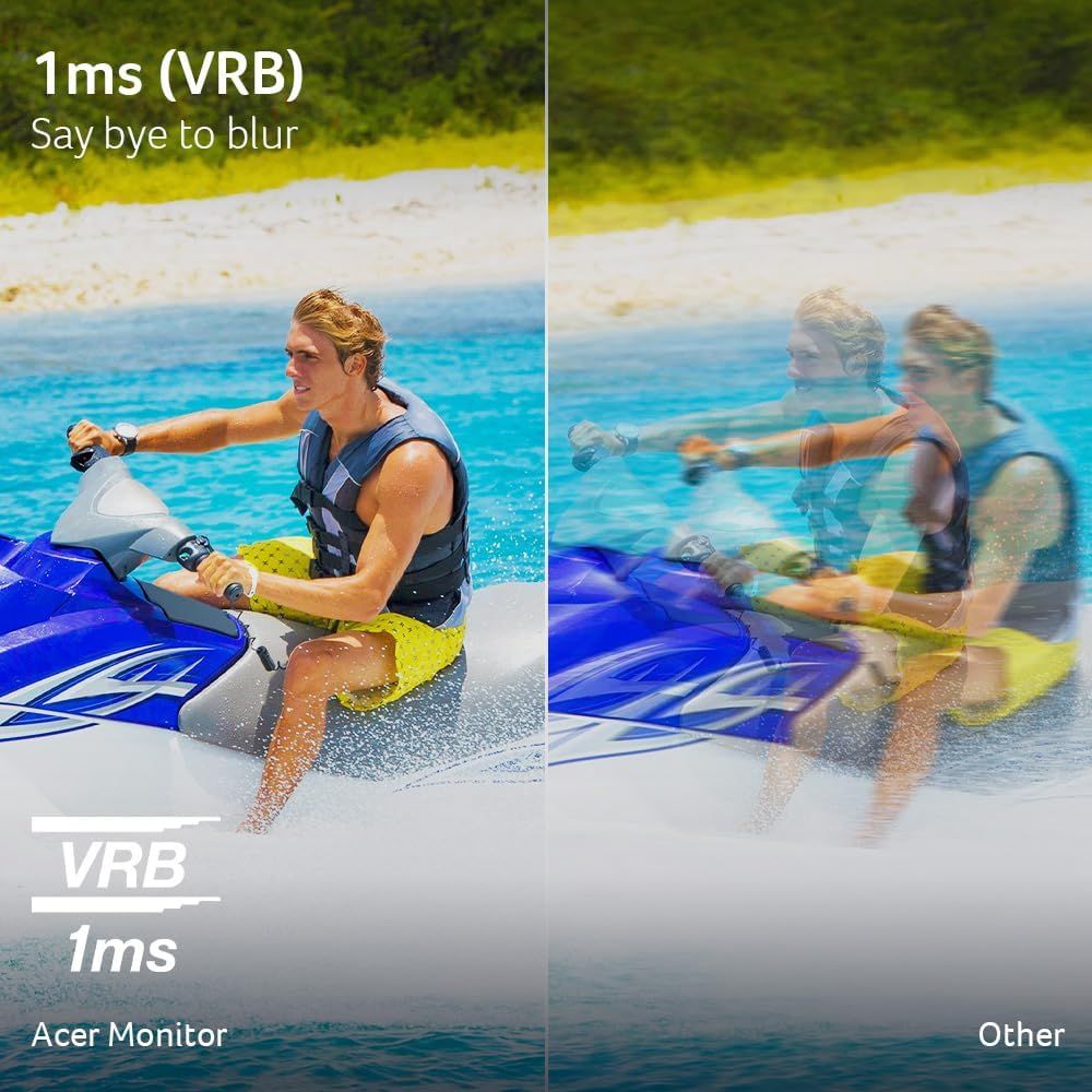 Demonstrates the superior image clarity and motion blur reduction of the Acer Monitor compared to competitors, showing how fast response time eliminates blur in fast-moving scenes. Highlights the…