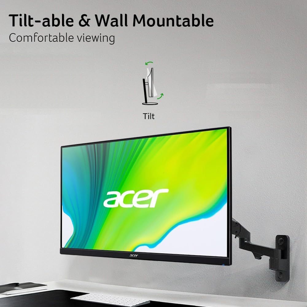 Demonstrates the monitor's flexible mounting capability and tilt functionality to reassure shoppers that they can adjust the viewing angle for comfortable use.