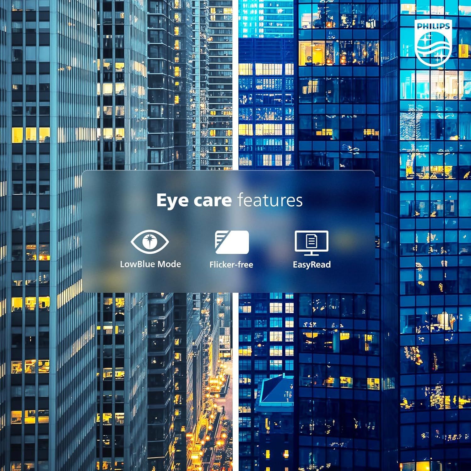 Communicates three distinct eye care features of the Philips monitor to reassure shoppers about eye comfort and health during extended use.