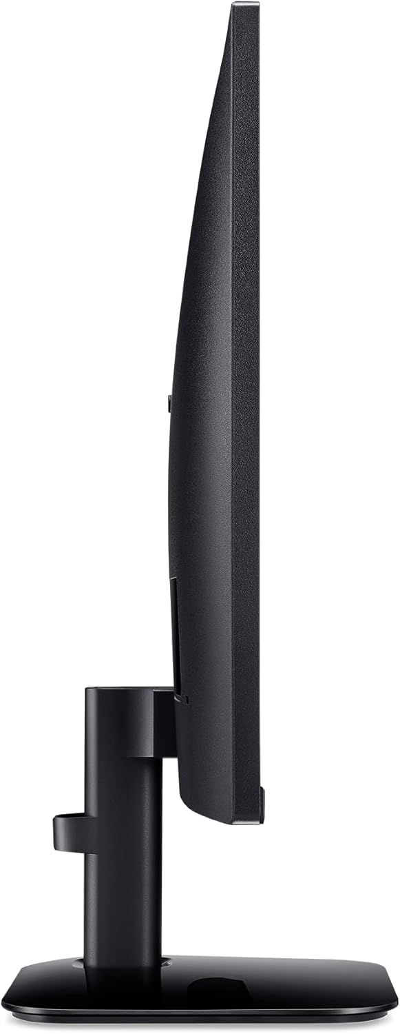 Displays the product's slim profile and stand design from a side angle to help shoppers understand the physical form factor and space-saving design.