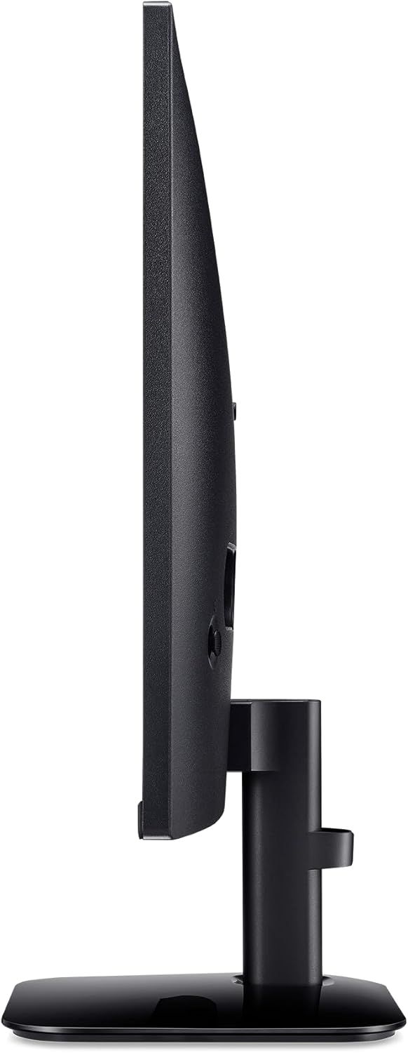 Provides a clean side-profile view of the monitor to show its slim design and stand configuration, helping shoppers understand the product's physical form and footprint.