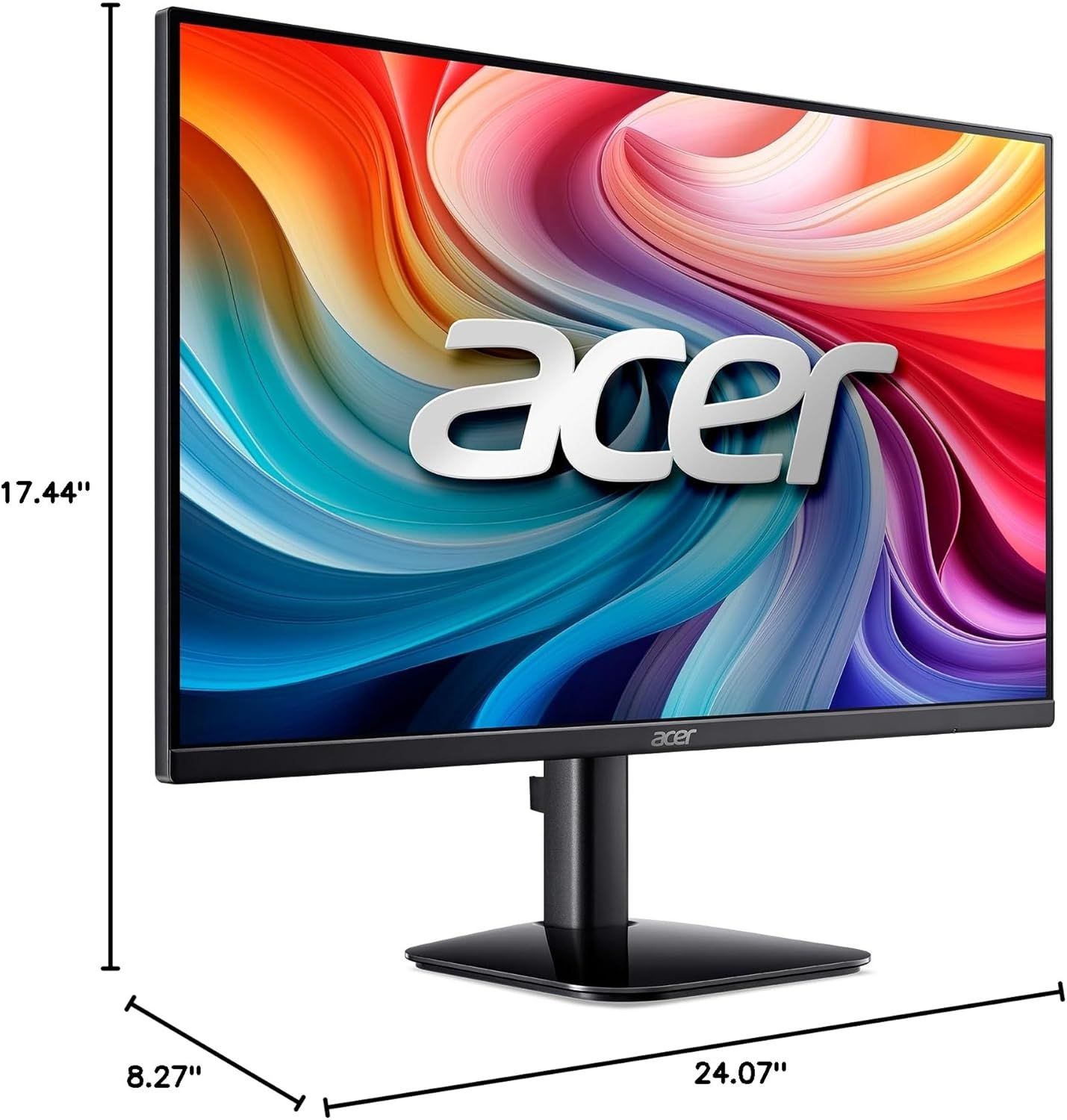 Communicates the exact physical dimensions of the monitor (height, width, and depth) to help shoppers understand the product's size and footprint before purchase.