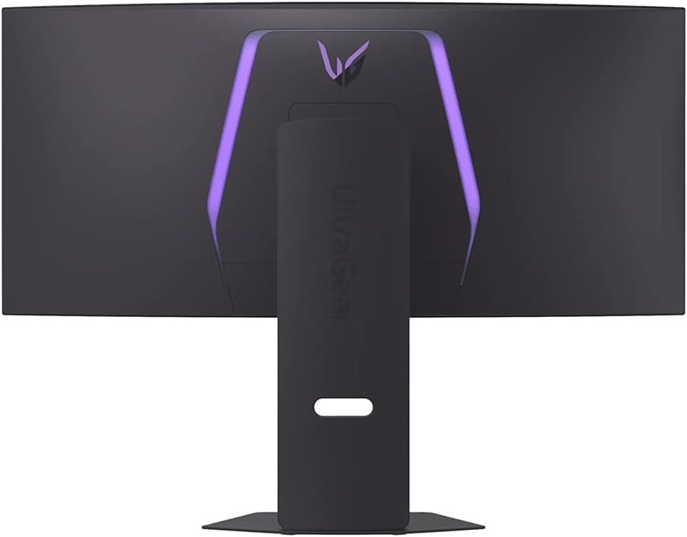 Displays the back of the gaming monitor with its distinctive purple LED lighting and stand design, giving shoppers a complete view of the product's appearance from all angles.