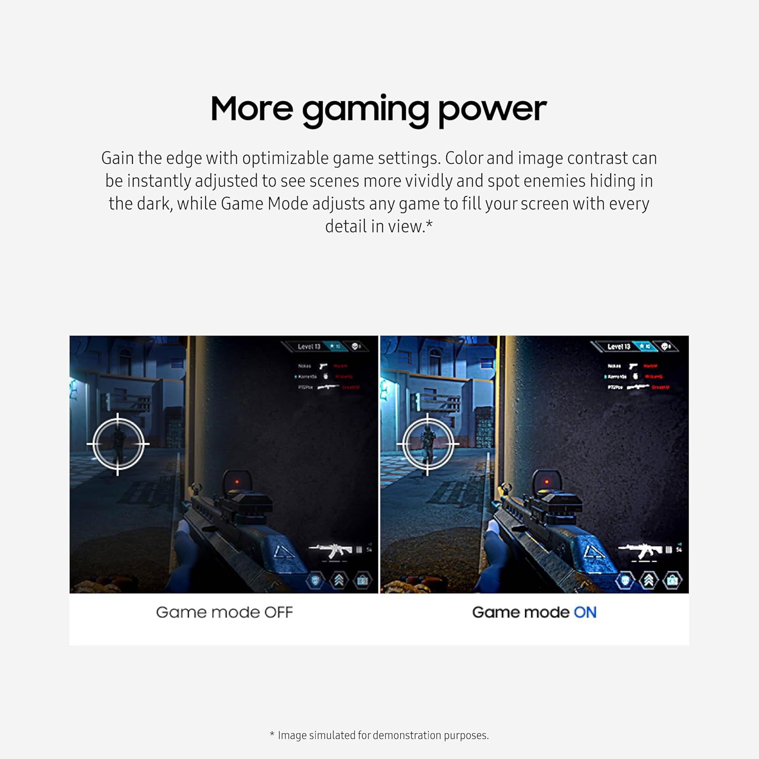 Demonstrates the visual transformation and enhanced gaming experience when Game Mode is activated, showing improved color contrast and image clarity to help gamers spot enemies more easily.…