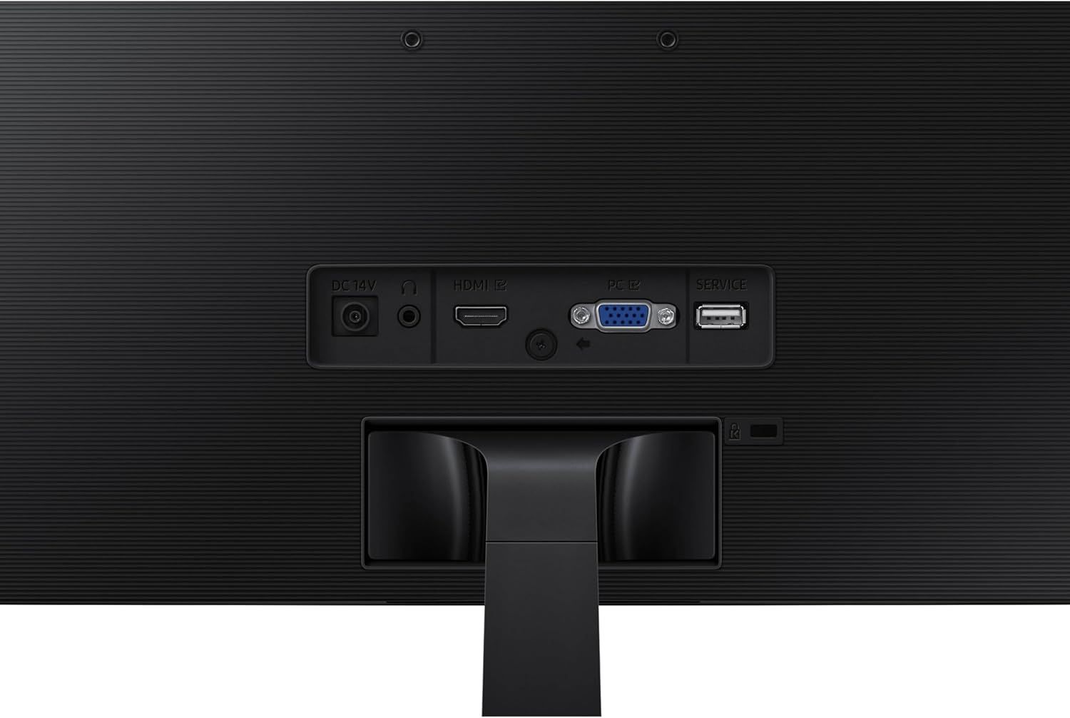 Highlights the monitor's various connectivity ports (DC power, HDMI, VGA, USB service) to reassure shoppers about compatibility and connection flexibility.