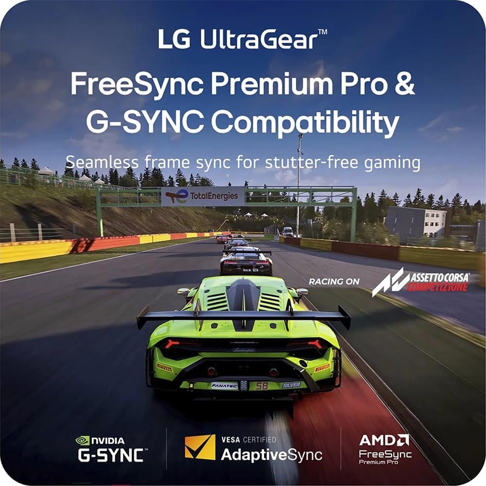 Communicates that the monitor is certified and compatible with multiple gaming sync technologies (NVIDIA G-SYNC, AMD FreeSync Premium Pro, VESA AdaptiveSync), reassuring gamers that it will work…