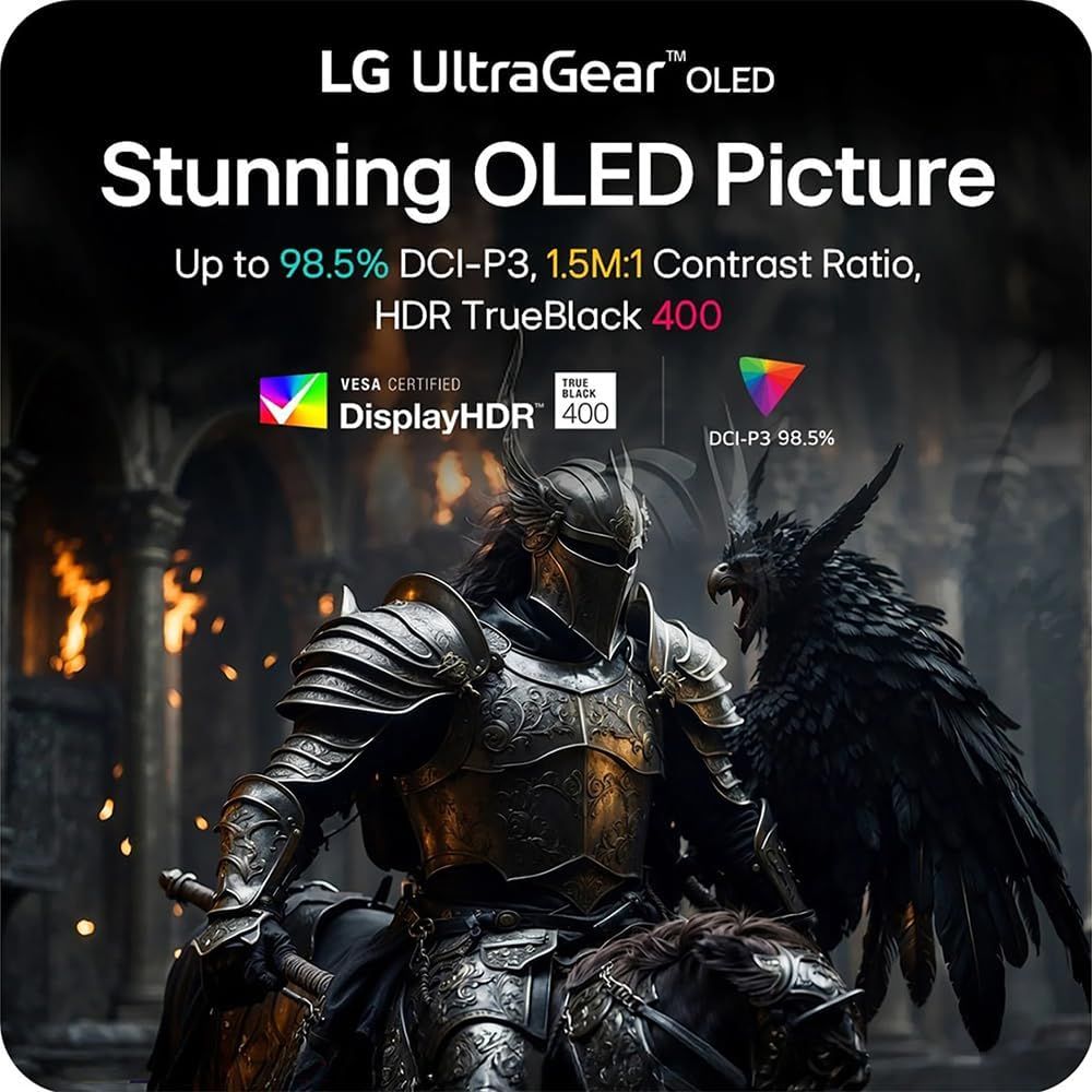 Communicates multiple technical display specifications and certifications to demonstrate the superior picture quality and visual performance of the LG UltraGear OLED monitor.