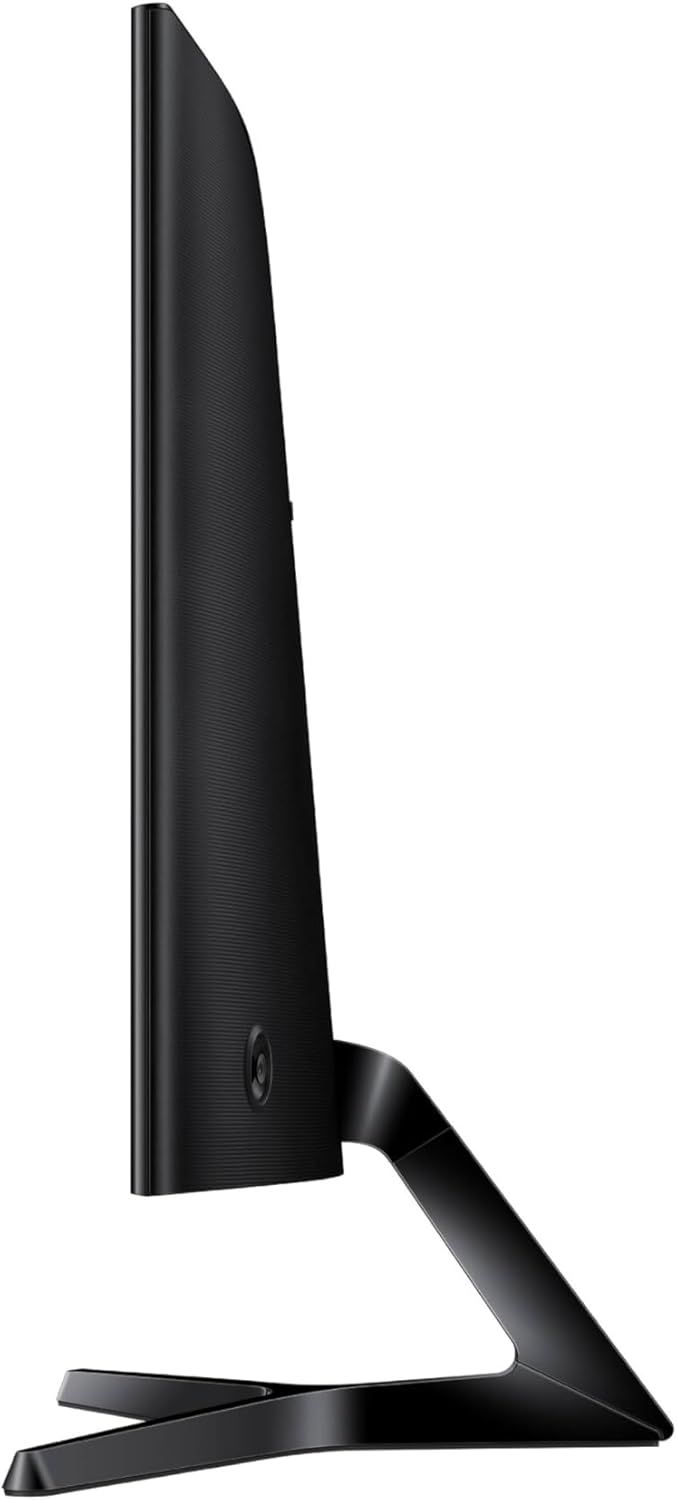 Displays the product's sleek side profile and curved stand design on a clean white background to showcase the monitor's slim form factor and modern aesthetic.