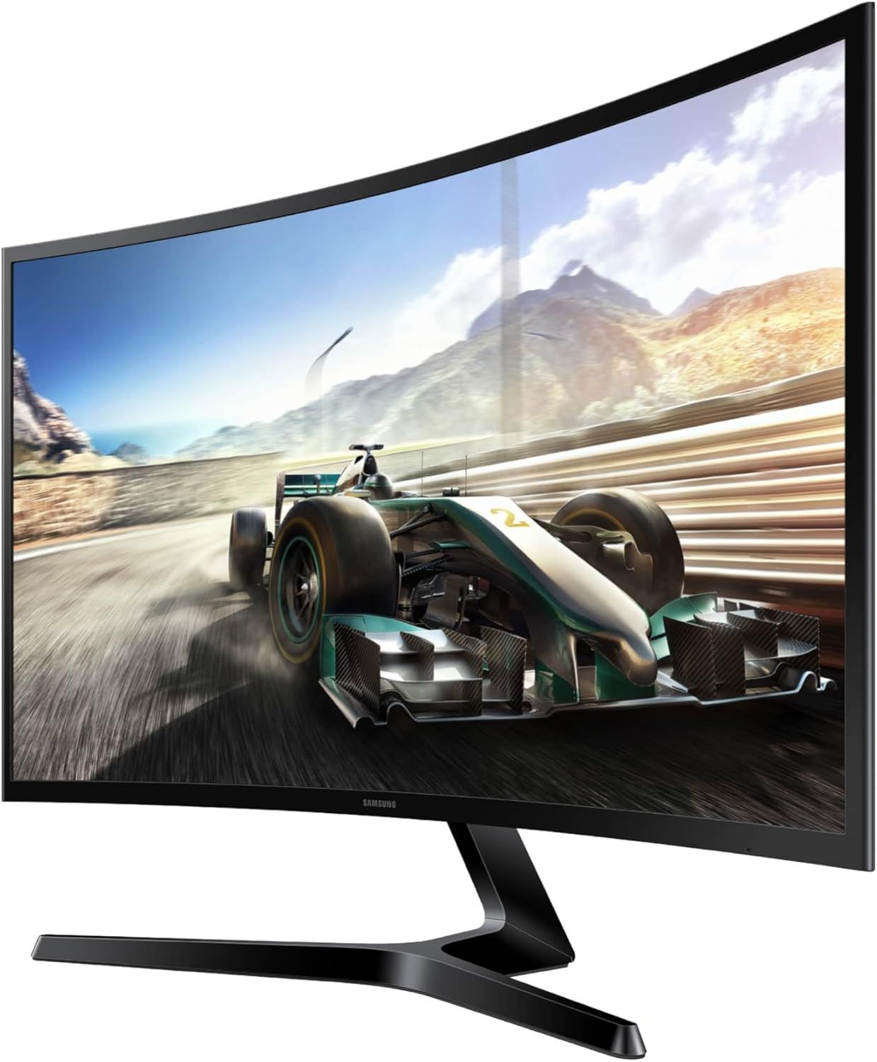 Provides a clean, catalog-style view of the curved gaming monitor displaying its screen and design without distractions.