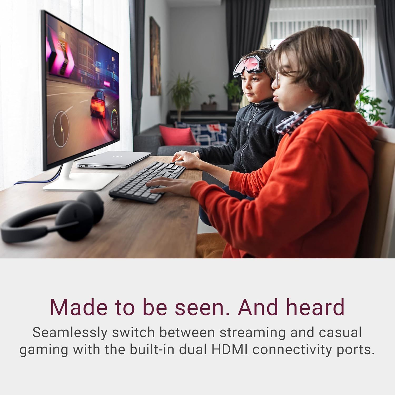 Communicates the product's ability to seamlessly switch between streaming and gaming through built-in dual HDMI ports, emphasizing versatility and convenience for multi-use scenarios.